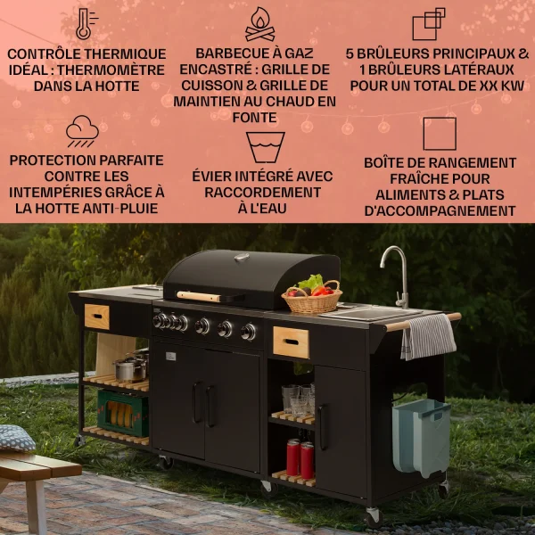 Klarstein Jersey cuisine d'extérieur avec Barbecue A gaz et évier 20, 7 kW 5+1 bruleurs mobile - Afbeelding 2