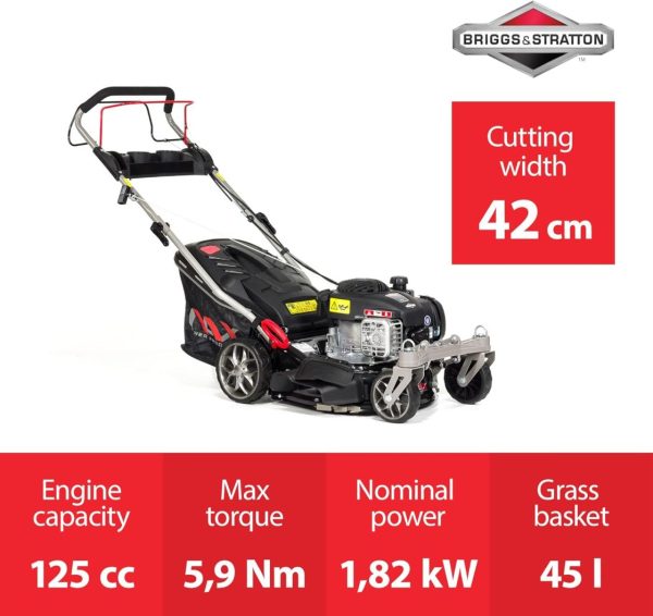 NAX POWER PRODUCTS Moteur 1000S Briggs & Stratton série 450E 125 cm3 largeur de coupe 42 cm panier 45l système de lavage du carter tondeuse thermique avec entraînement – Image 8