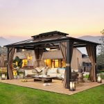 10X13 FT Outdoor Polycarbonate Hardtop Gazebo, Heavy Duty Double Roof Outdoor Gazebo with Netting and Sunshade Curtains, Aluminium Framed Gazebo for