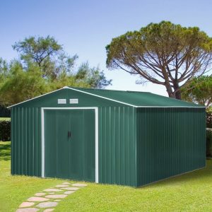 Cobertizo de Jardín 340x386x200 cm 12,27 m² Caseta Exterior de Acero para Almacenamiento de Herramientas con Puertas Correderas y Ventilaciones