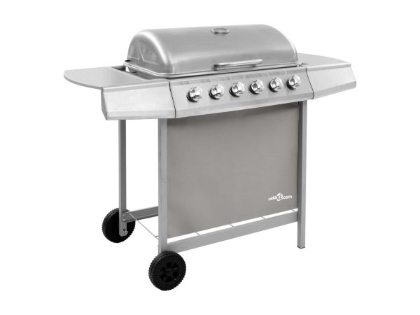Barbacoa de gas plateada de 6 quemadores con mesas laterales y cubierta protectora - Afbeelding 1