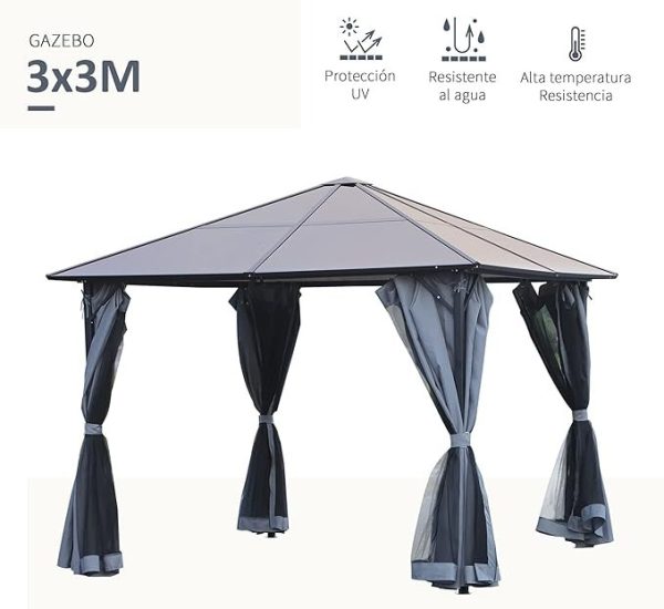 Outsunny Cenador de Jardín 3x3 m con Marco de Aluminio Pabellón de Exterior con Techo de Policarbonato 4 Cortinas Laterales y 4 Mosquiteras con Cremalleras Gazebo para Fiestas Eventos Multicolor – Bild 3